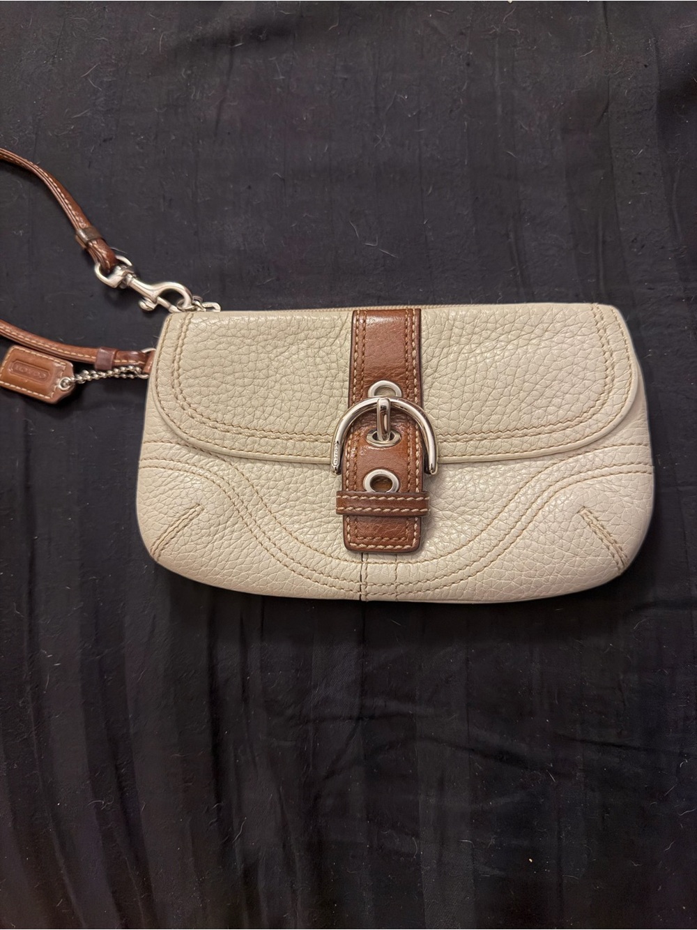 Coach SoHo Cream Pebbled Leather Wristlet with Brown Trim